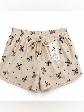 AZ NWT Butterfly Print Drawstring Shorts S/M Beige Black Cottagecore